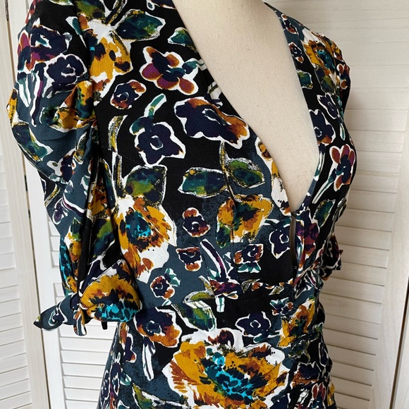Free People Floral Dress Babydoll Flowy Rayon Sz 2 Short Sleeve Black Blue Green - Picture 5 of 7